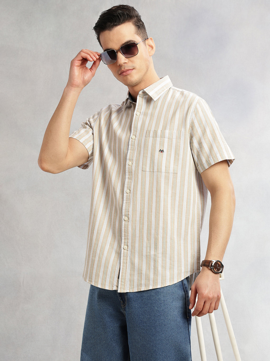 Thomas Scott Men Beige Slim Fit Cotton Linen Vertical Stripes Casual Shirt with Spread Collar & Short Sleeves