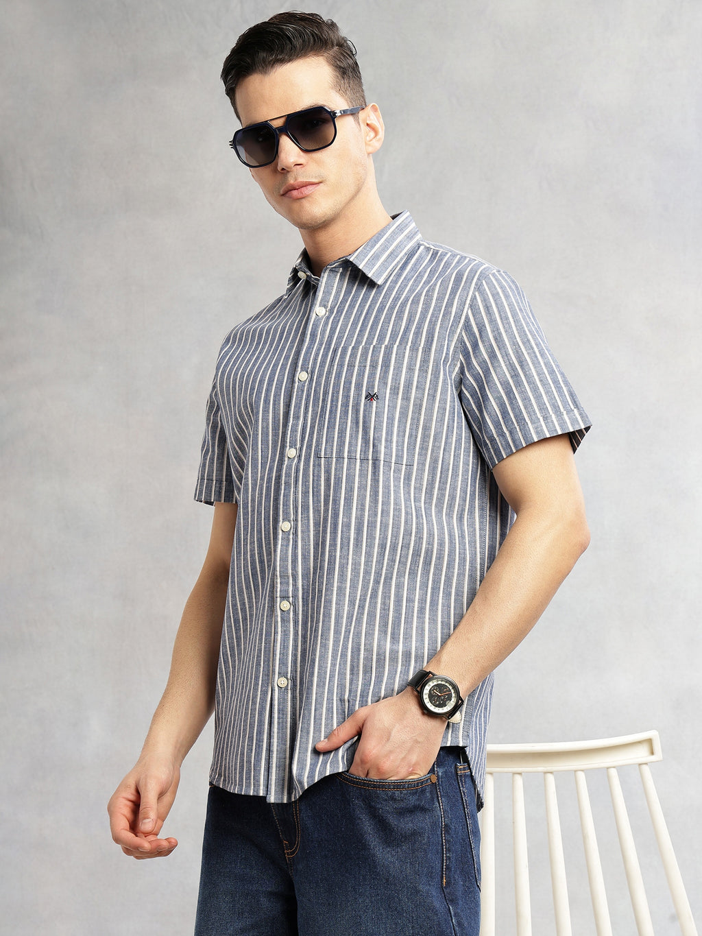 Thomas Scott Men Blue Slim Fit Cotton Linen Vertical Stripes Casual Shirt with Spread Collar & Short Sleeves