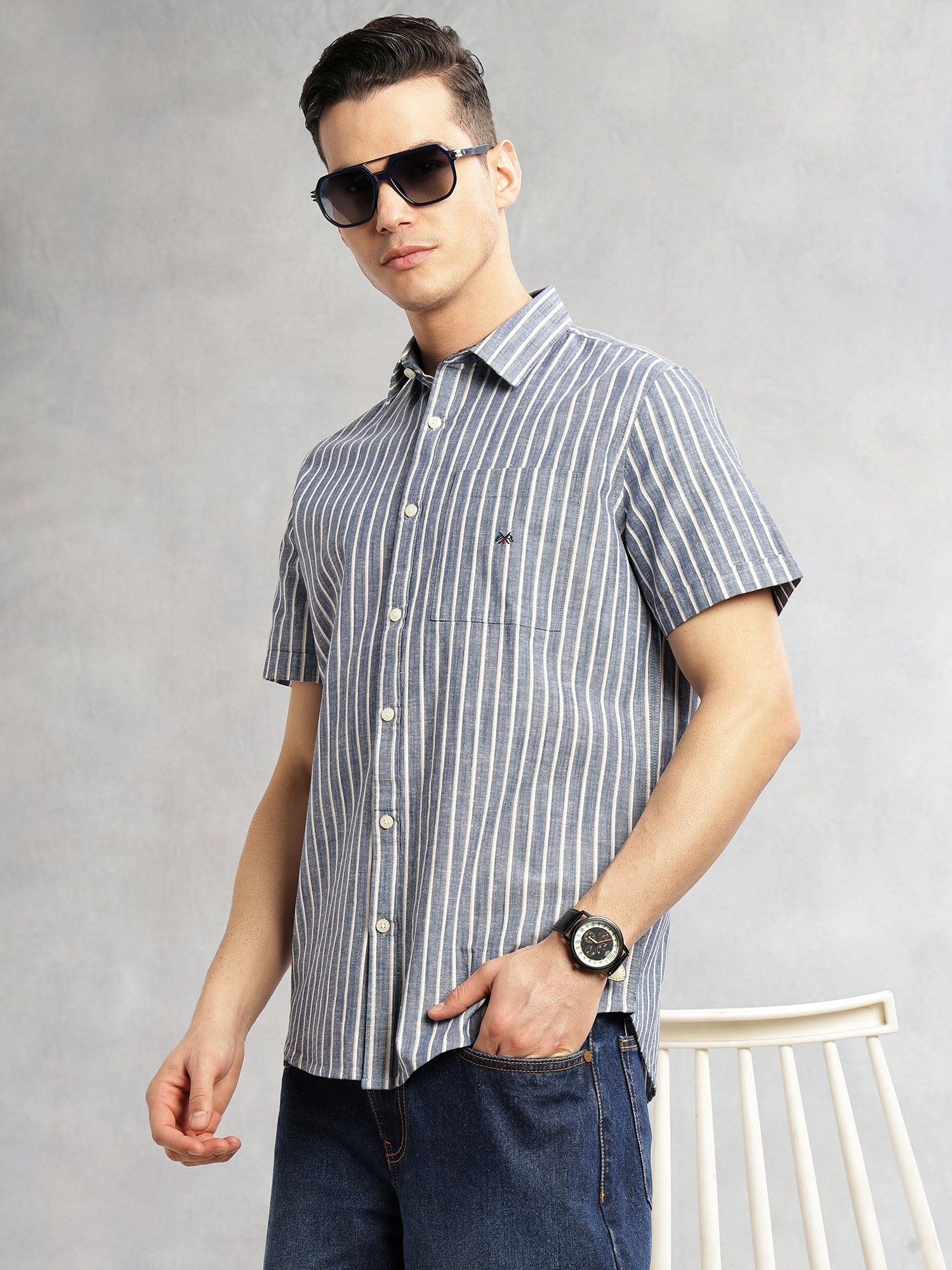 Thomas Scott Men Blue Slim Fit Cotton Linen Vertical Stripes Casual Shirt with Spread Collar & Short Sleeves