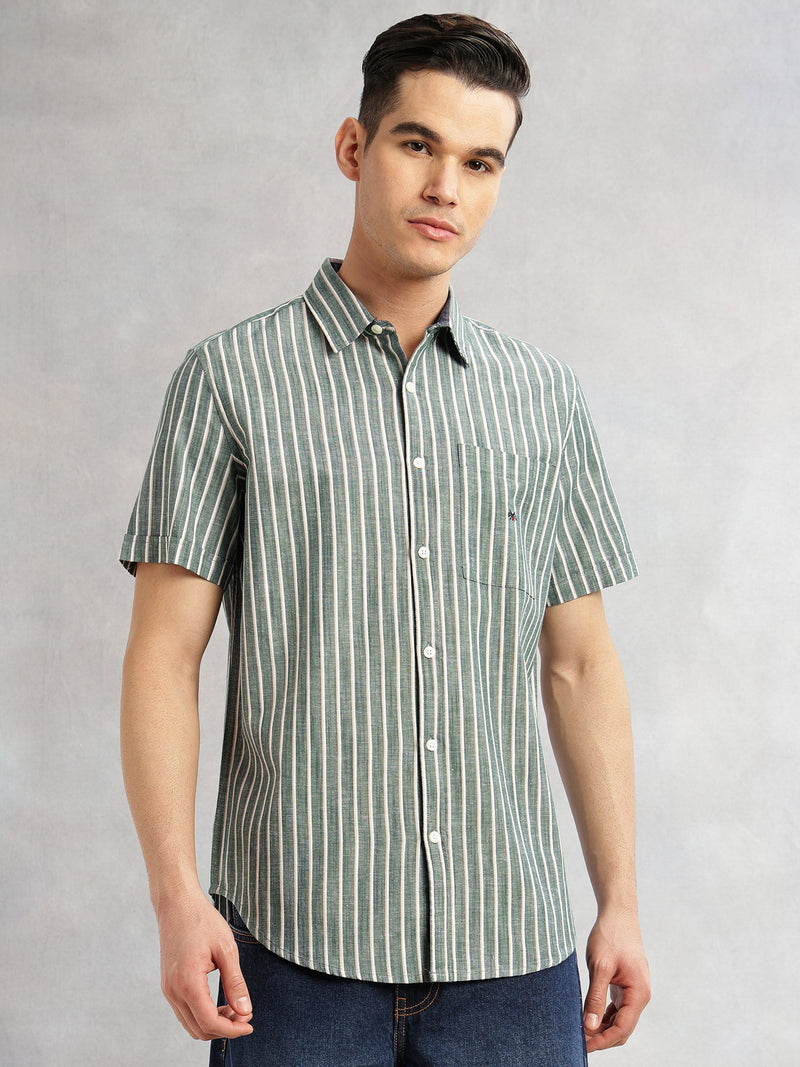Thomas Scott Men Green Slim Fit Cotton Linen Vertical Stripes Casual Shirt with Spread Collar & Short Sleeves