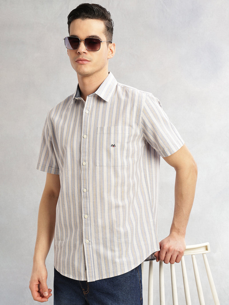 Thomas Scott Men Mid Blue Slim Fit Cotton Linen Vertical Stripes Casual Shirt with Spread Collar & Short Sleeves
