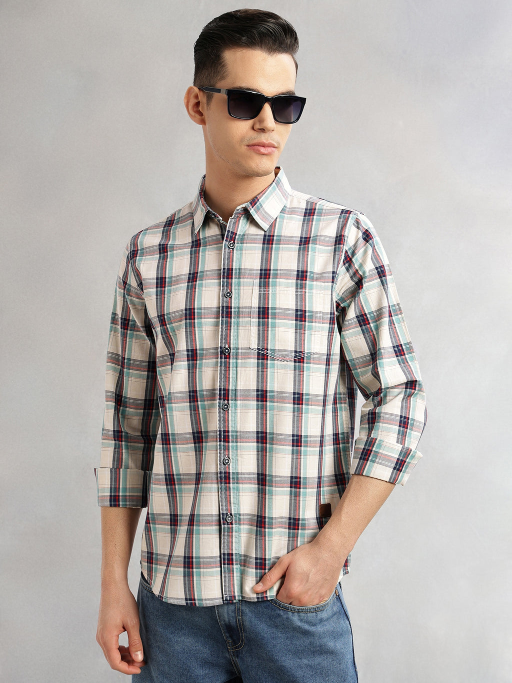 Thomas Scott Men Beige Slim Fit Long Sleeves Spread Collar Tartan Check 100% Cotton Casual Shirt