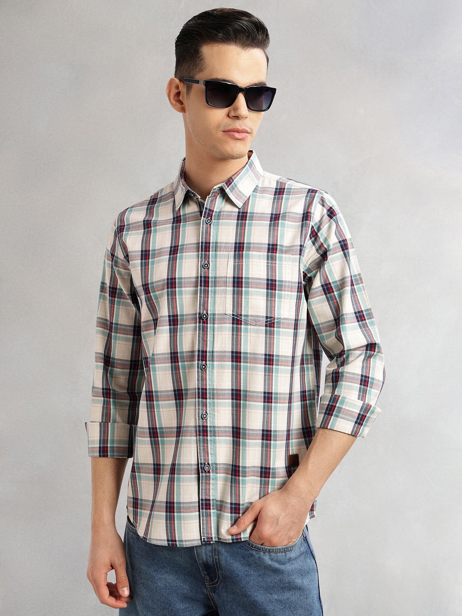 Thomas Scott Men Beige Slim Fit Long Sleeves Spread Collar Tartan Check 100% Cotton Casual Shirt