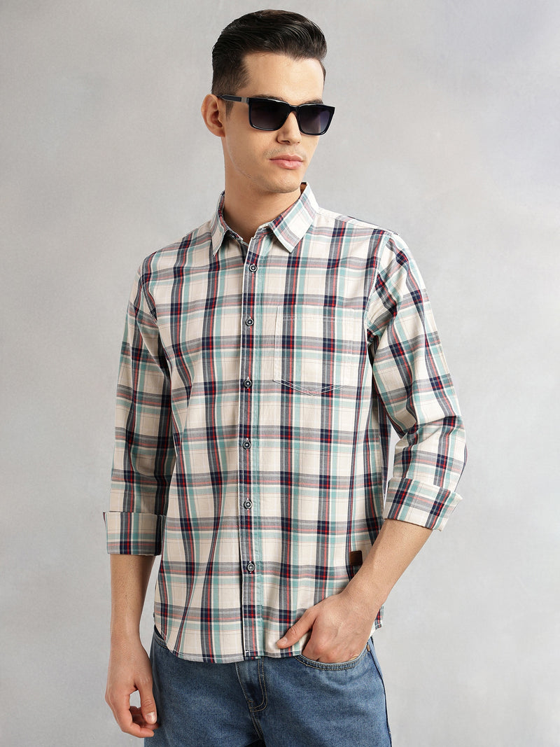 Thomas Scott Men Beige Slim Fit Long Sleeves Spread Collar Tartan Check 100% Cotton Casual Shirt