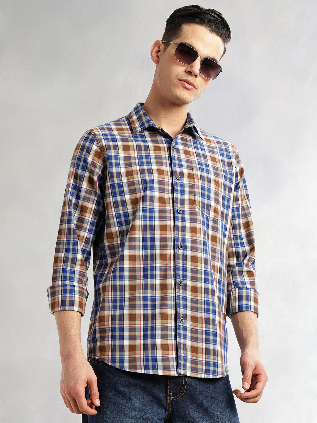 Thomas Scott Men Blue Slim Fit Long Sleeves Spread Collar Tartan Check 100% Cotton Casual Shirt