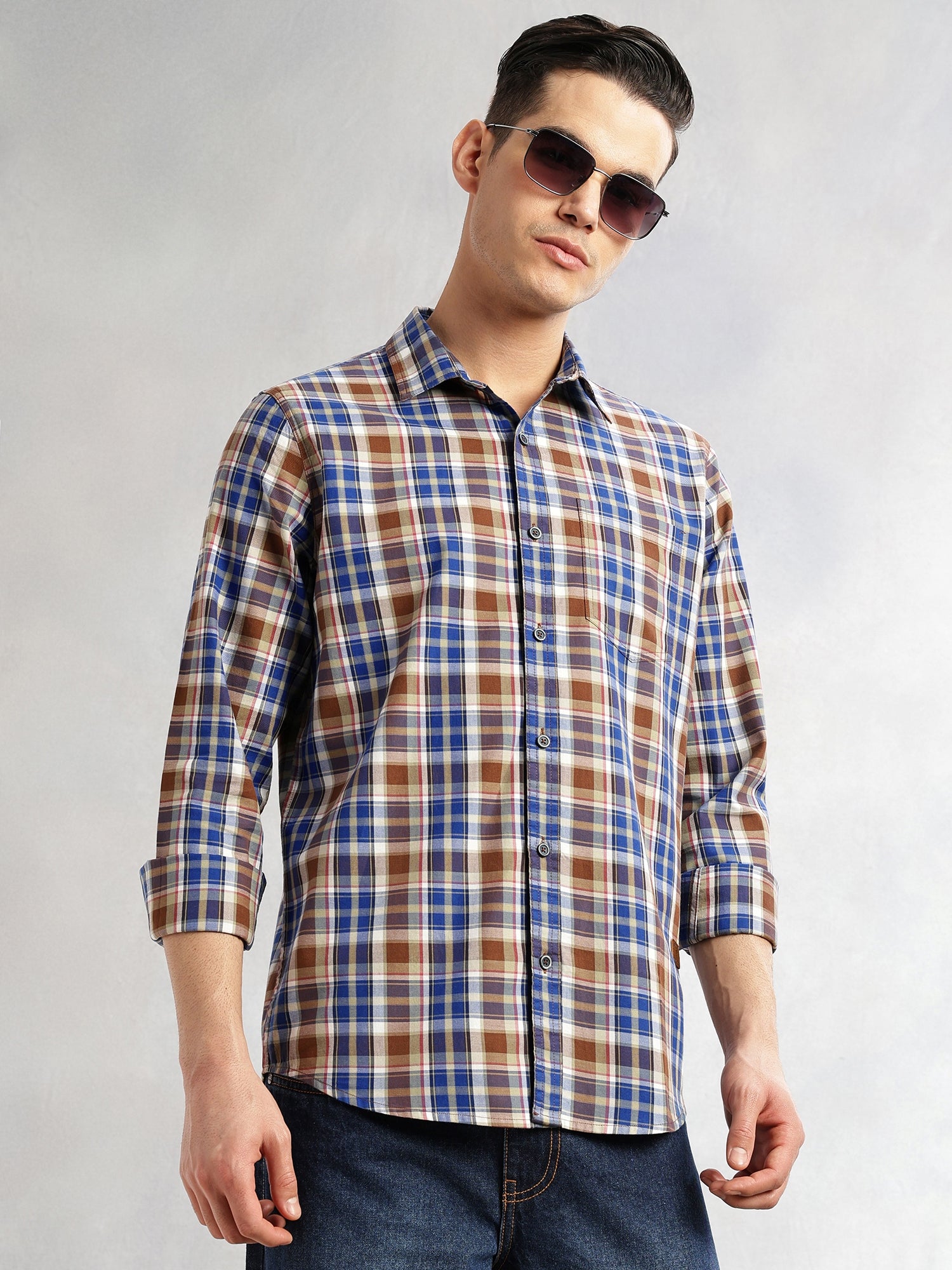 Thomas Scott Men Blue Slim Fit Long Sleeves Spread Collar Tartan Check 100% Cotton Casual Shirt