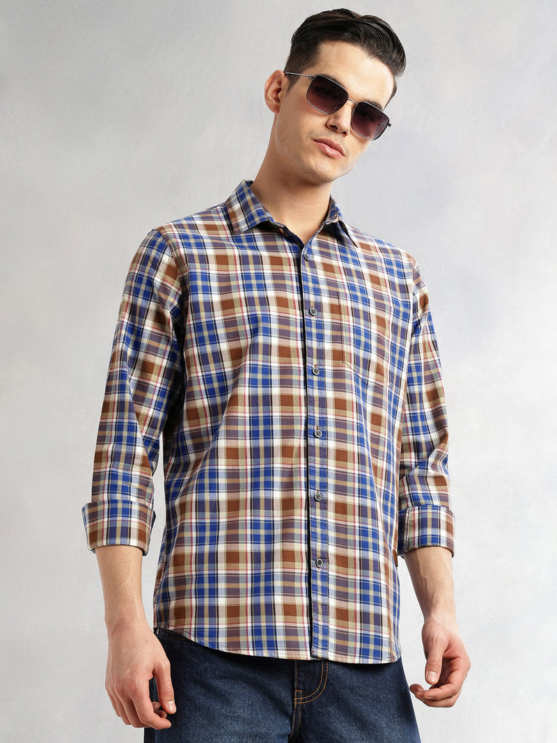 Thomas Scott Men Blue Slim Fit Long Sleeves Spread Collar Tartan Check 100% Cotton Casual Shirt