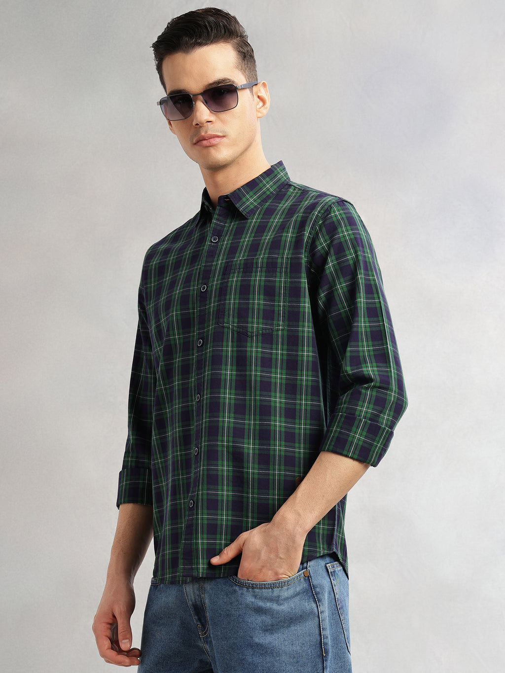Thomas Scott Men Green Slim Fit Long Sleeves Spread Collar Tartan Check 100% Cotton Casual Shirt