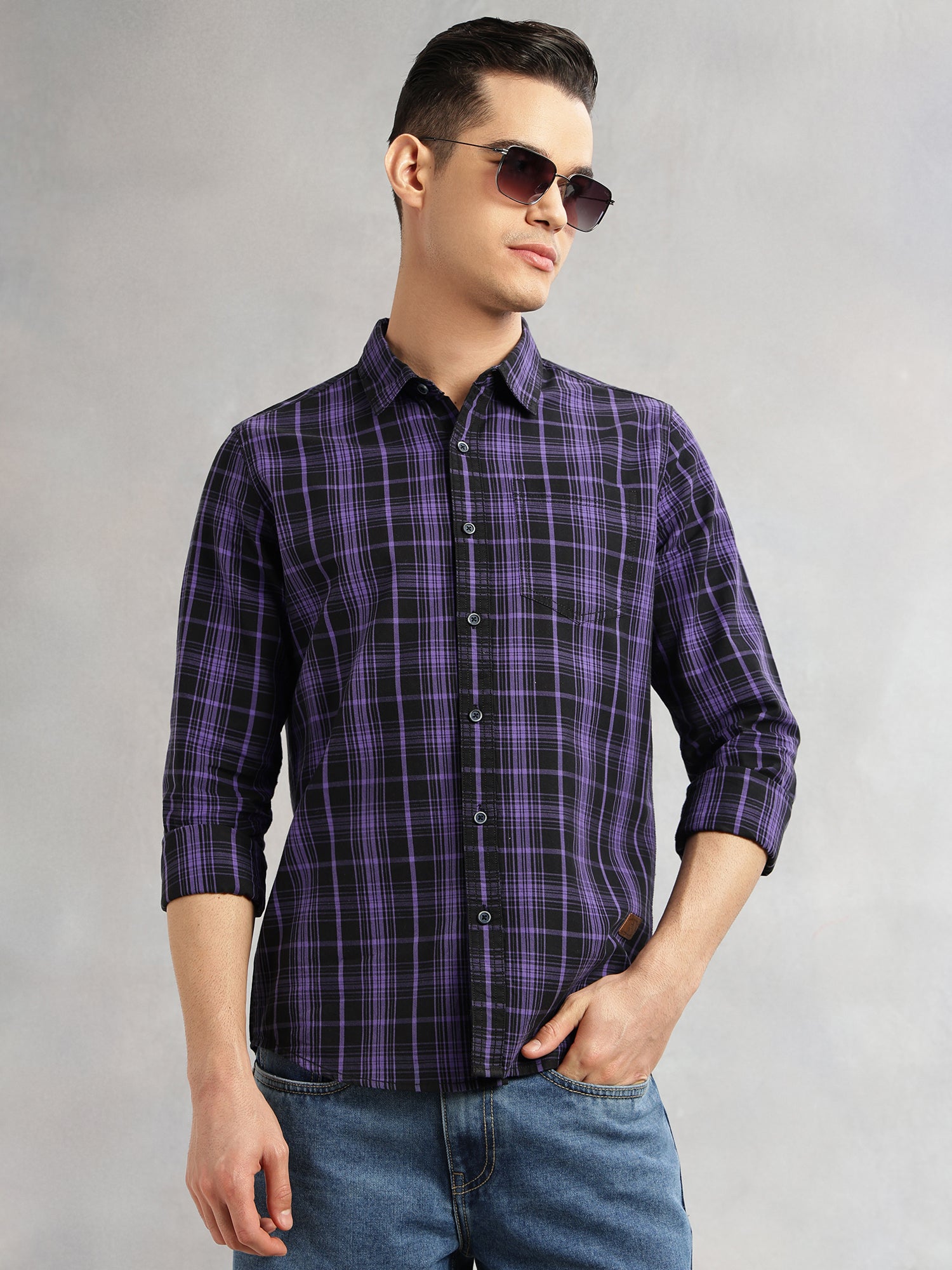 Thomas Scott Men Purple Slim Fit Long Sleeves Spread Collar Tartan Check 100% Cotton Casual Shirt