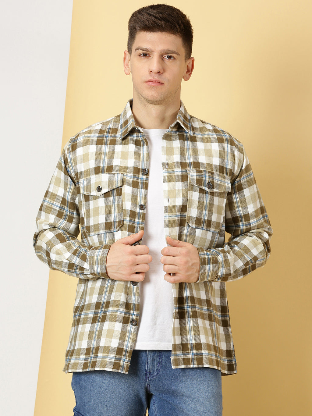Thomas Scott Men Beige Regular Fit Long Sleeves Spread Collar Tartan Checks Casual Shacket