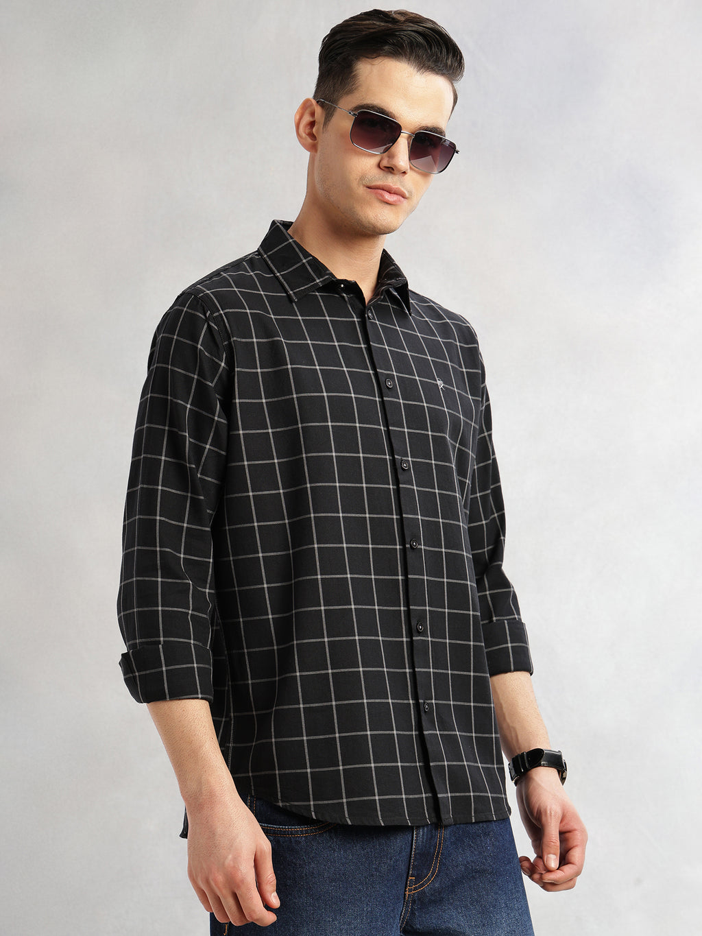 Thomas Scott Men Black Slim Fit Long Sleeves Spread Collar Windowpane Check 100% Cotton Twill Casual Shirt