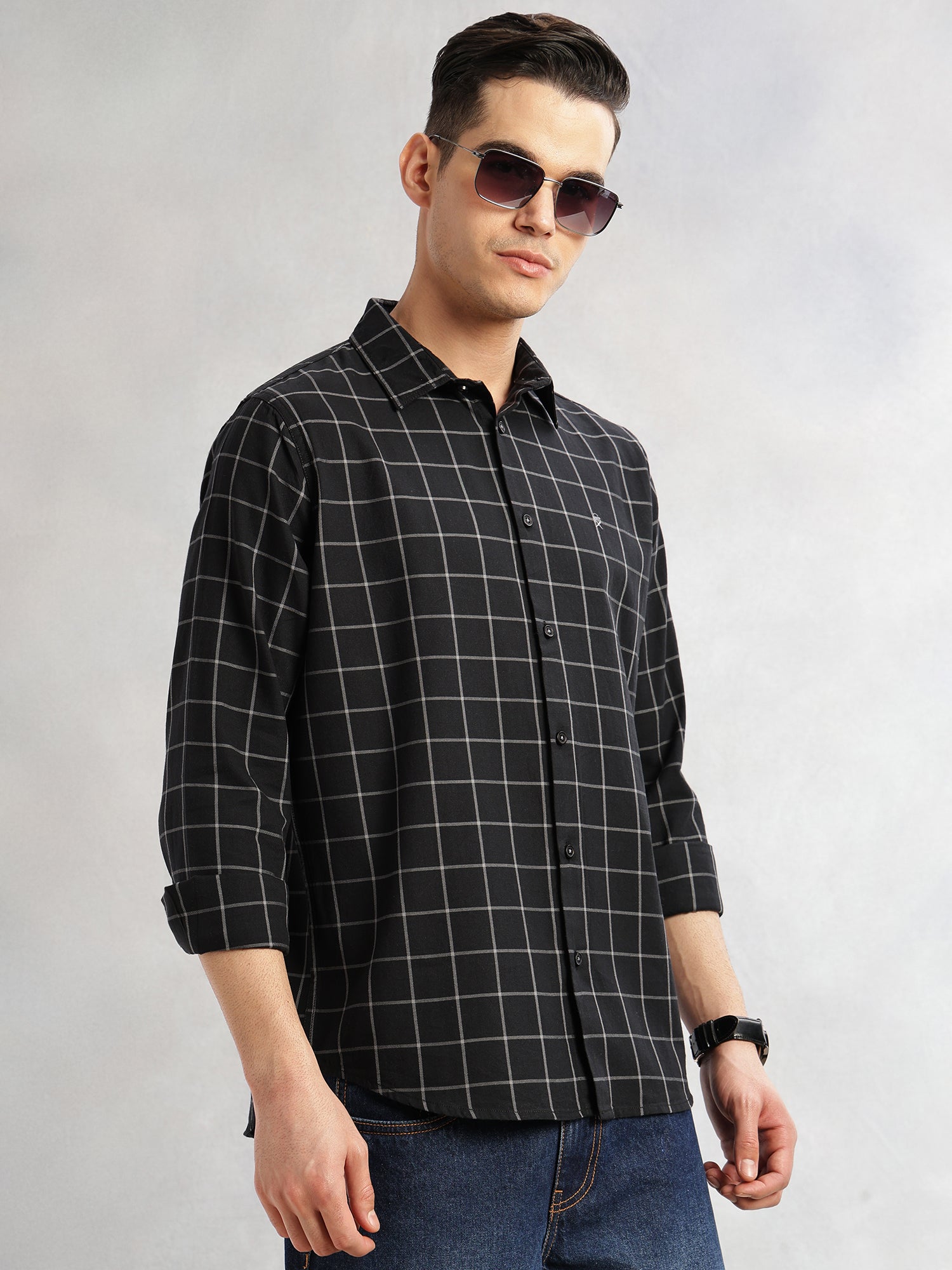 Thomas Scott Men Black Slim Fit Long Sleeves Spread Collar Windowpane Check 100% Cotton Twill Casual Shirt