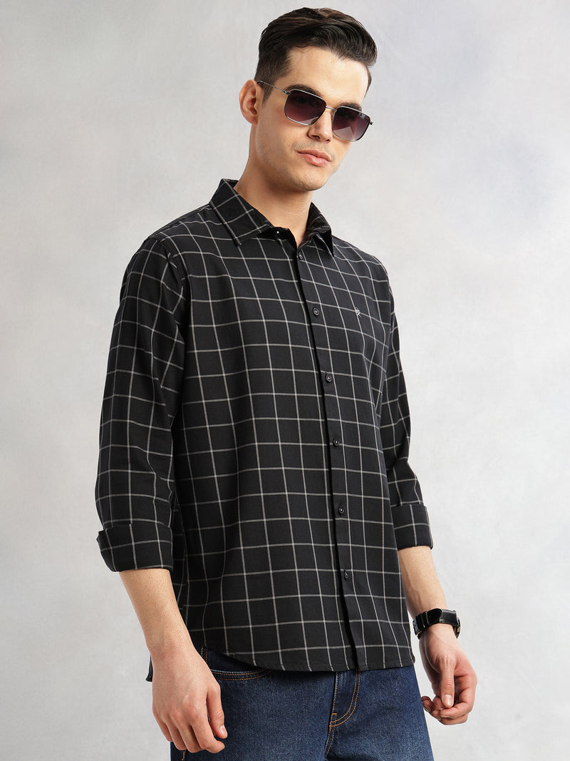 Thomas Scott Men Black Slim Fit Long Sleeves Spread Collar Windowpane Check 100% Cotton Twill Casual Shirt