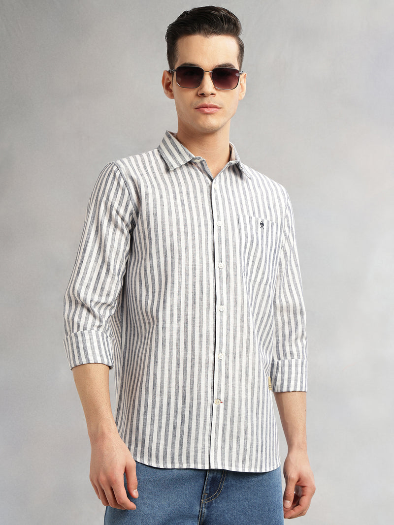 Thomas Scott Men Navy Slim Fit Long Sleeves Spread Collar Vertical Stripes Cotton Linen Casual Shirt