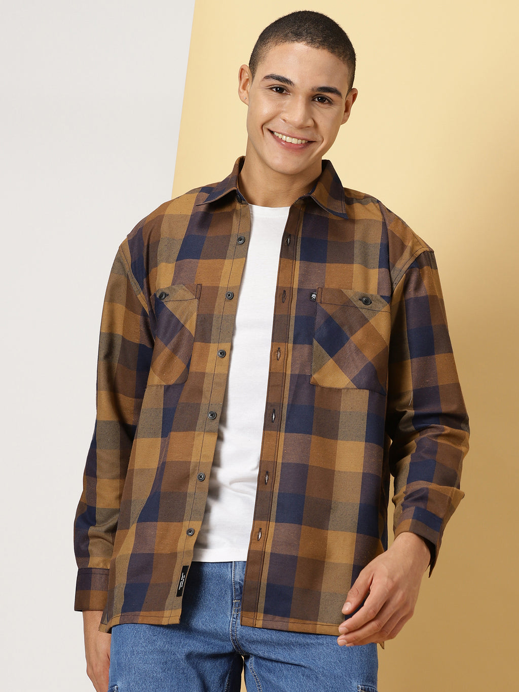 Thomas Scott Men Brown Oversized Long Sleeves Spread Collar Buffalo Checks Flannel Casual Shirt