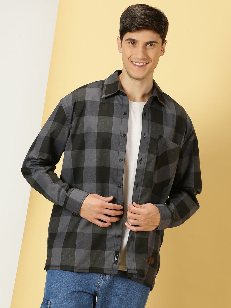 Thomas Scott Men Grey Oversized Long Sleeves Spread Collar Buffalo Checks Knitted Casual Shacket
