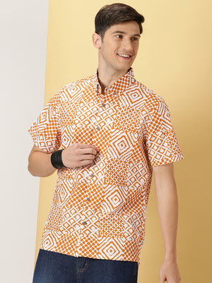 Thomas Scott Men Orange Slim Fit Short Sleeves Button-Down Collar Geometric Printed 100% Cotton Casual Shirt