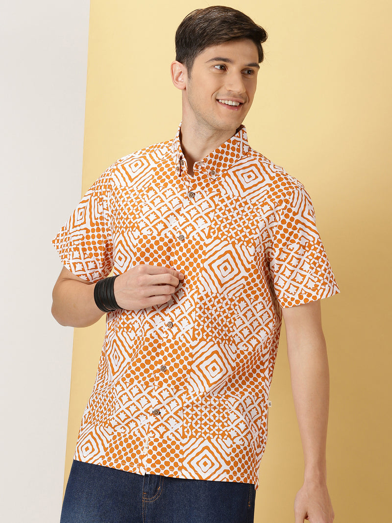 Thomas Scott Men Orange Slim Fit Short Sleeves Button-Down Collar Geometric Printed 100% Cotton Casual Shirt