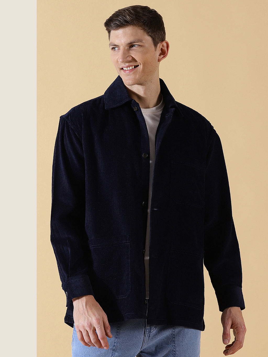 Thomas Scott Men Navy Long Sleeves Regular Fit Spread Collar 100% Cotton Knitted Corduroy Shirt