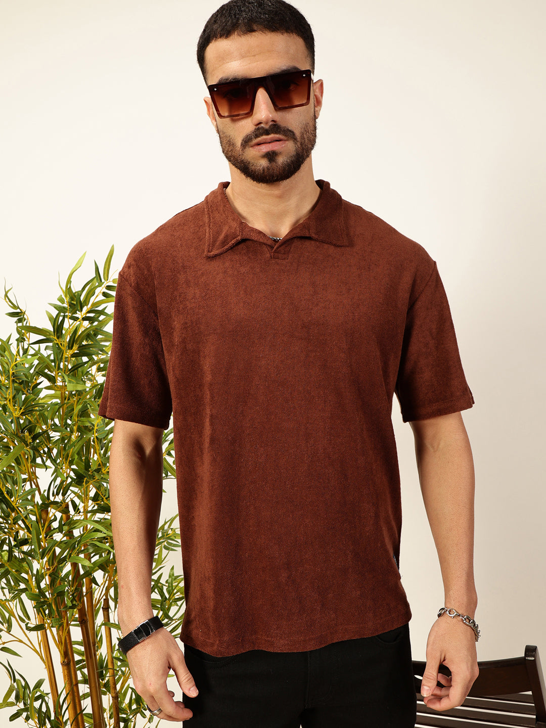 Thomas Scott Men Coffee Brown Towel Terry Short Sleeves Relaxed Fit Textured Polo Collar Knitted T-shirt