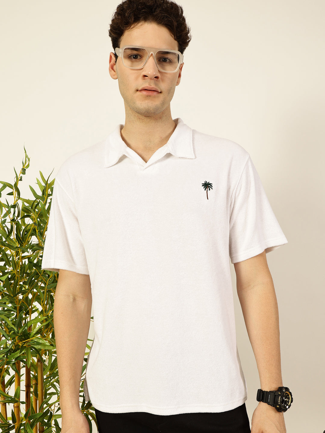 Thomas Scott Men White Relaxed Fit Short Sleeves Solid Polo Collar Knitted T-Shirt