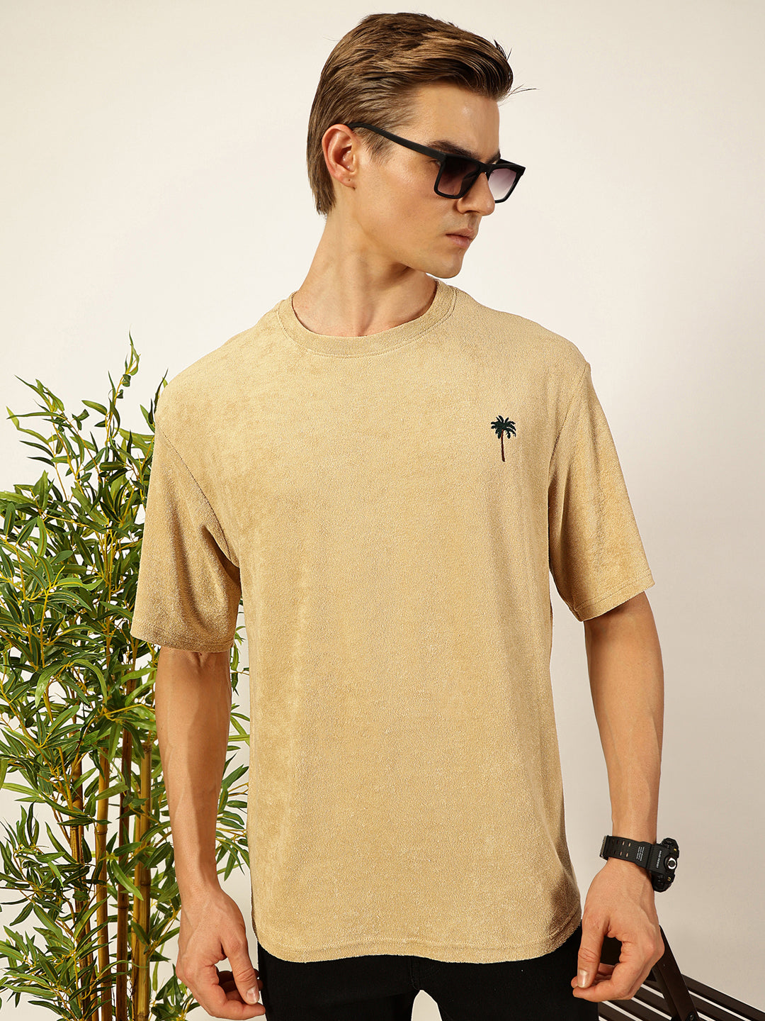 Thomas Scott Men Cream Oversized Short Sleeves Round Neck Solid Knitted T-shirt