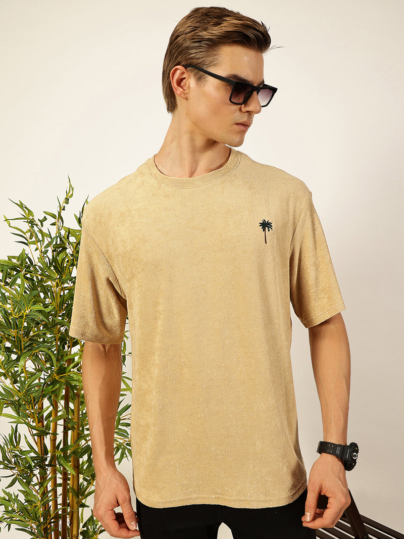 Thomas Scott Men Cream Oversized Short Sleeves Round Neck Solid Knitted T-shirt