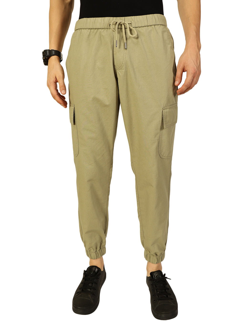 Thomas Scott Men Olive Slim Fit Mid-Rise Solid 6 Pockets Woven Cargo Joggers