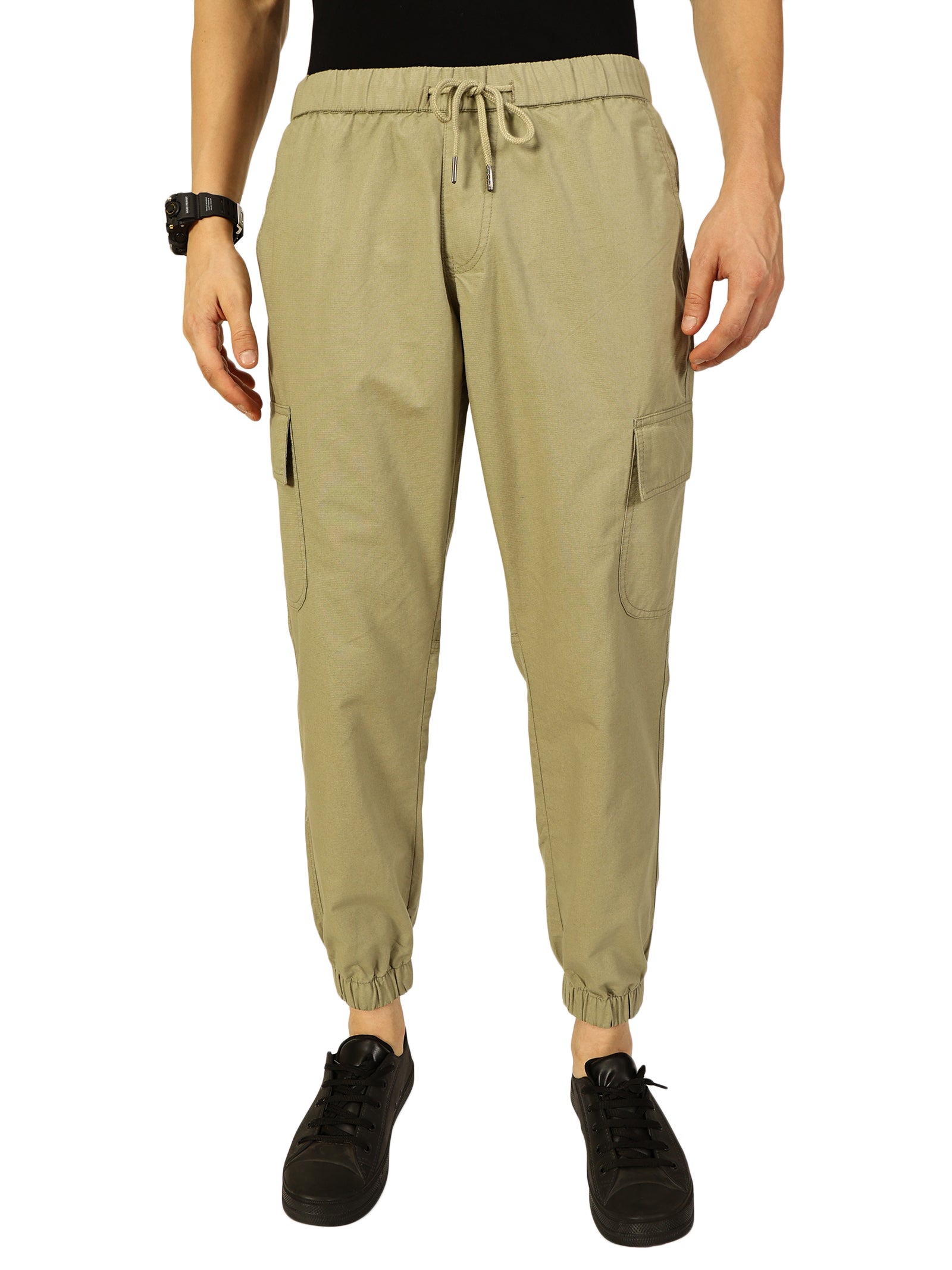 Thomas Scott Men Olive Slim Fit Mid-Rise Solid 6 Pockets Woven Cargo Joggers