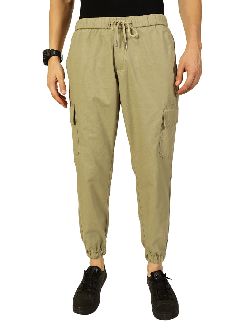 Thomas Scott Men Olive Slim Fit Mid-Rise Solid 6 Pockets Woven Cargo Joggers