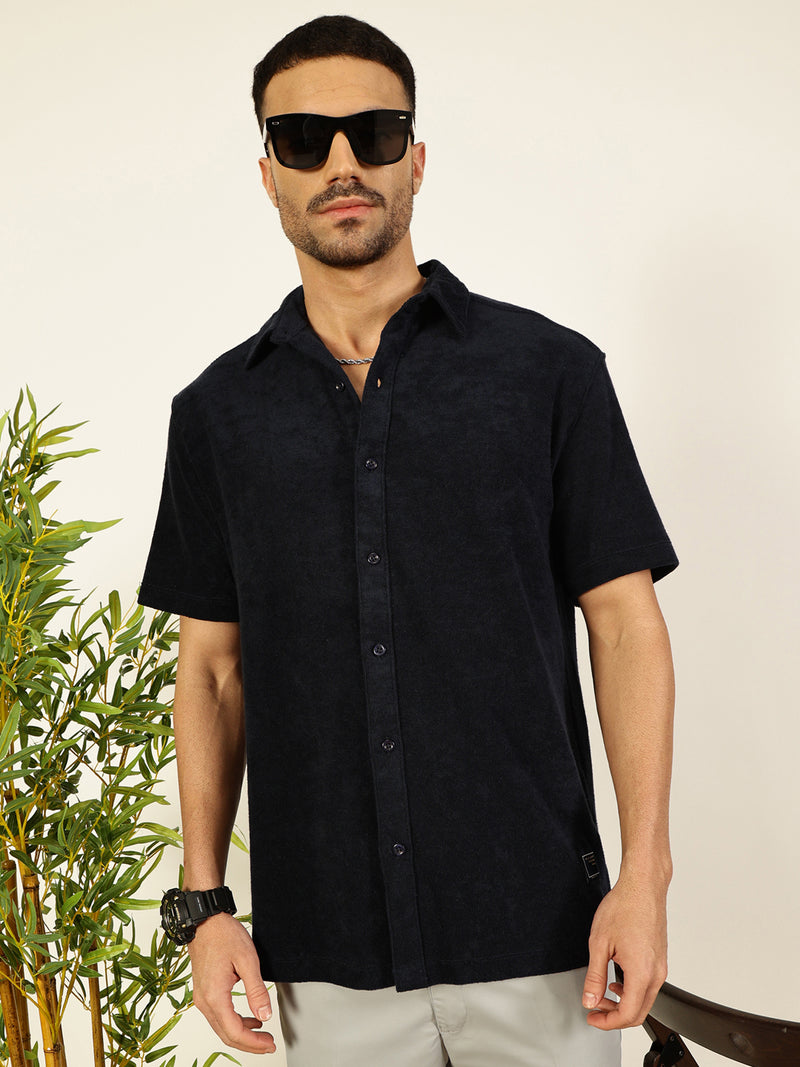 Thomas Scott Men Navy Blue Relaxed Fit Terry Towel Short Sleeves Relaxed Fit Spread Collar Knitted Shirt