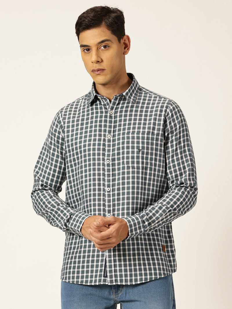 Thomas Scott Men Grey Slim Fit Long Sleeves Gingham Checks Spread Collar 100% Cotton Oxford Casual Shirt