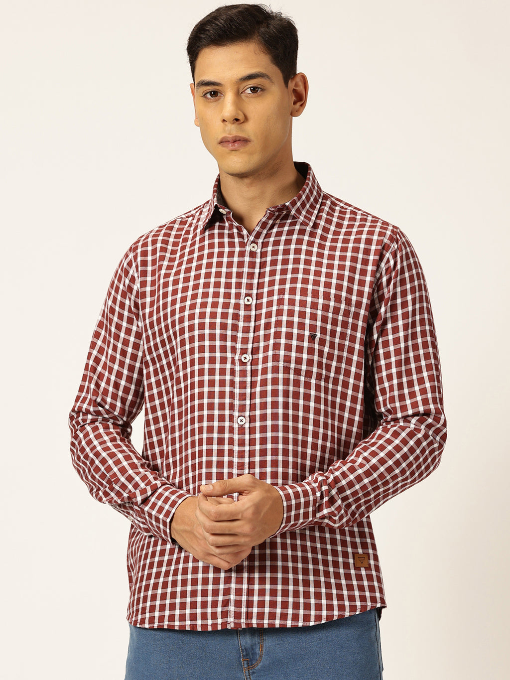 Thomas Scott Men Red Slim Fit Long Sleeves Spread Collar Gingham Checked 100% Cotton Oxford Casual Shirt