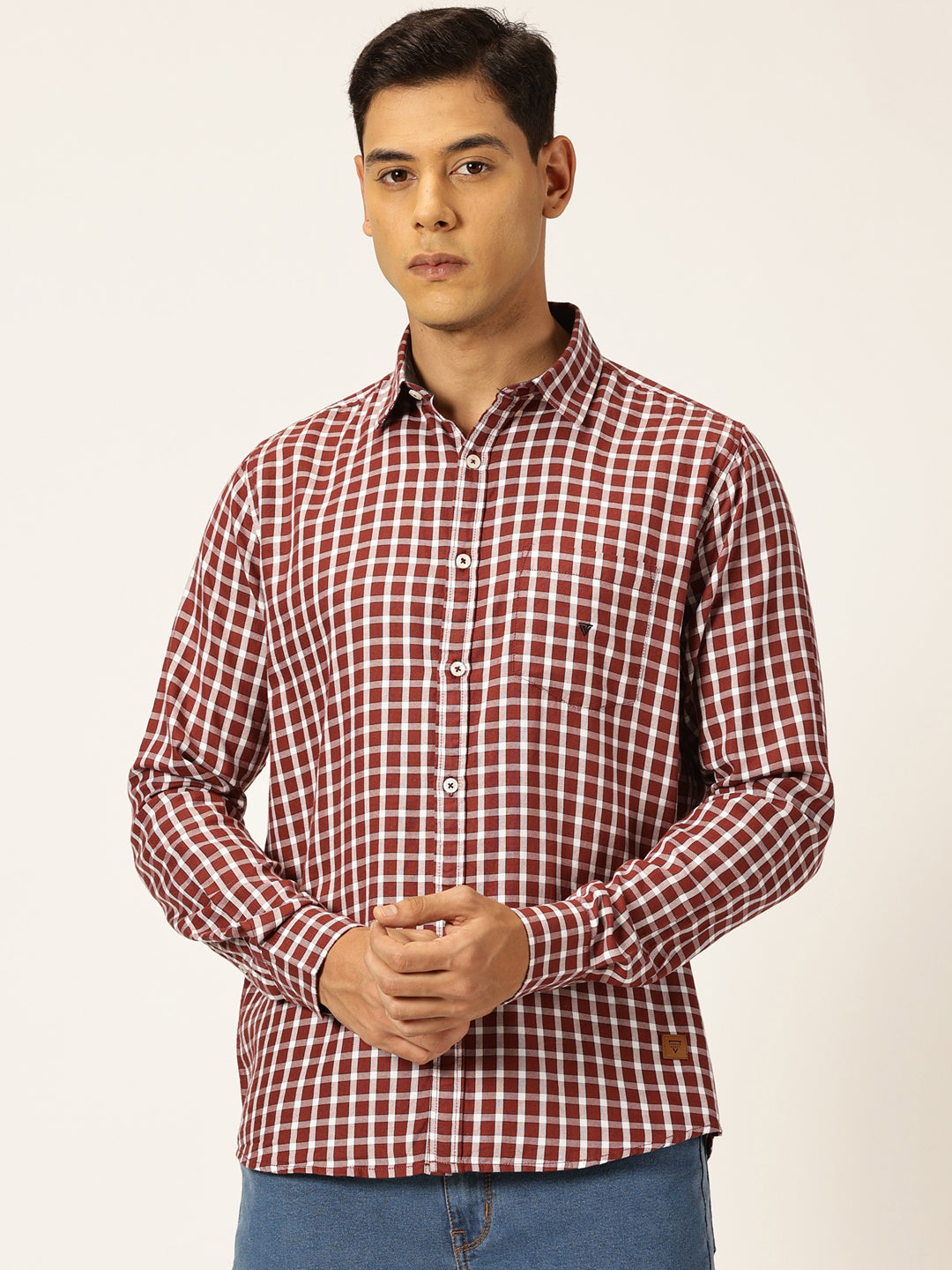 Thomas Scott Men Red Slim Fit Long Sleeves Spread Collar Gingham Checked 100% Cotton Oxford Casual Shirt