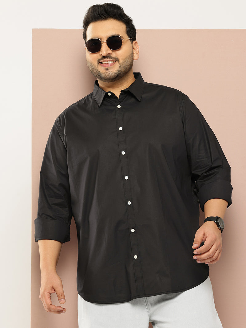 Thomas Scott Men Black Plus Size Regular Fit Long Sleeves Spread Collar Solid Casual Shirt