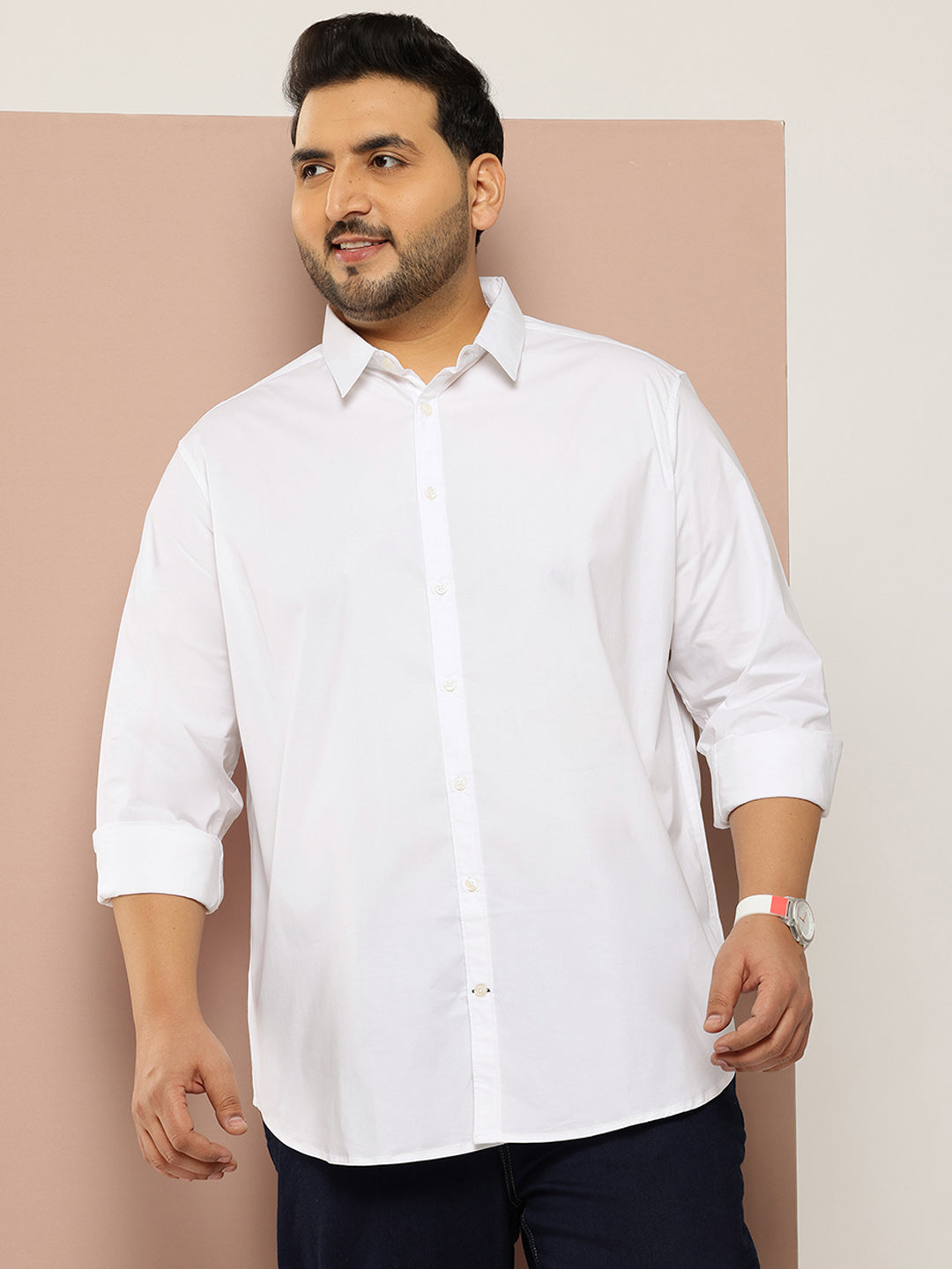 Thomas Scott Men White Plus Size Regular Fit Long Sleeves Spread Collar Solid Casual Shirt