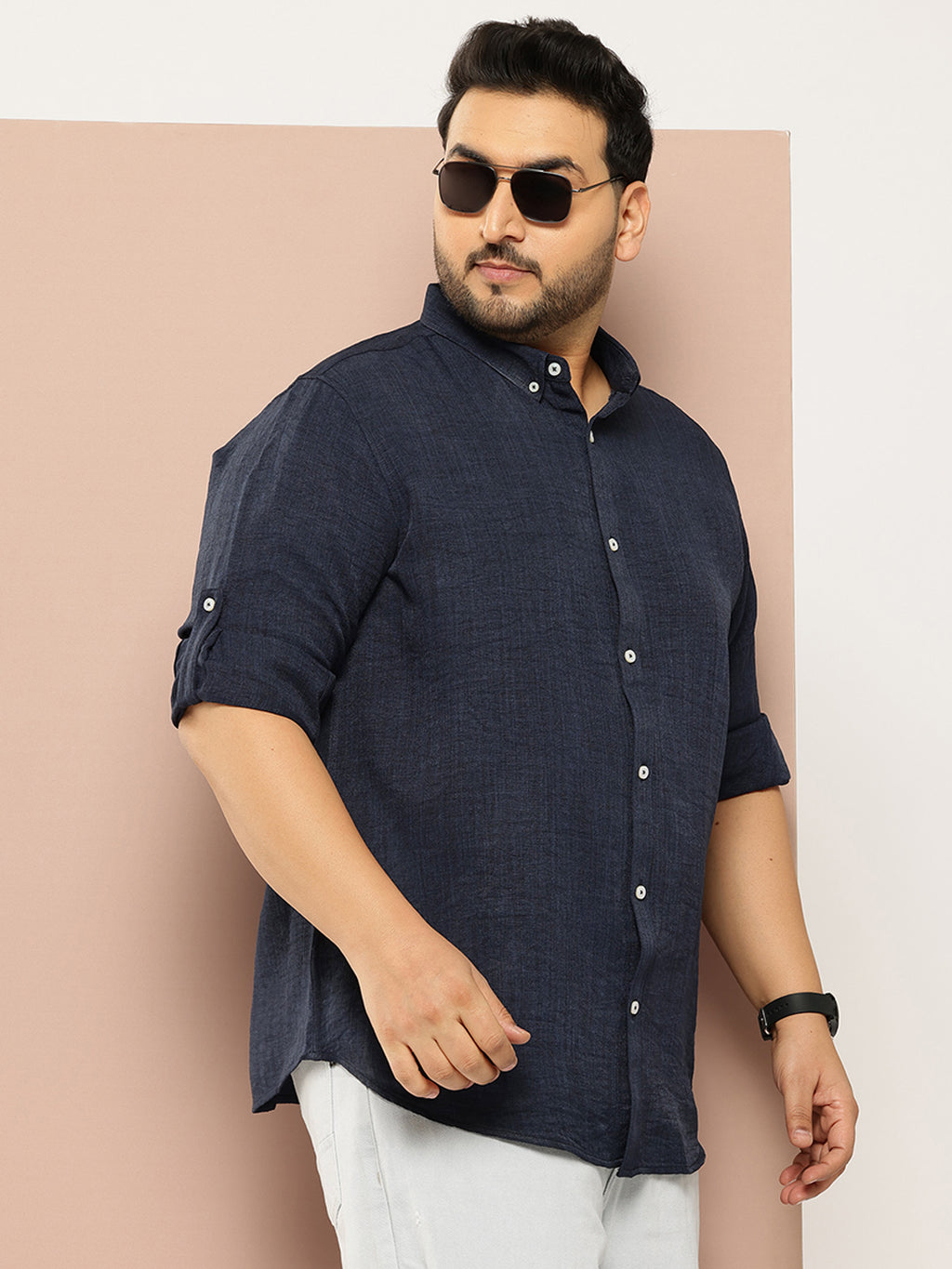 Thomas Scott Men Navy Plus Size Regular Fit Long Roll-Up Sleeves Button-Down Collar Solid Casual Shirt
