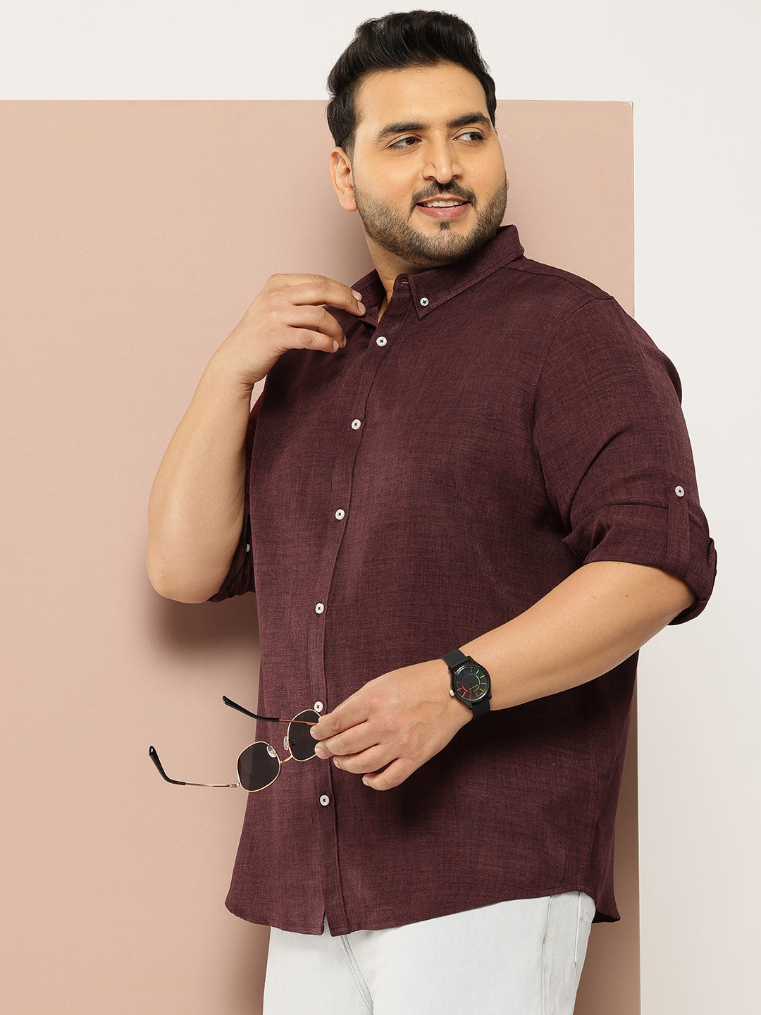 Thomas Scott Men Wine Plus Size Regular Fit Long Roll-Up Sleeves Button-Down Collar Solid Casual Shirt
