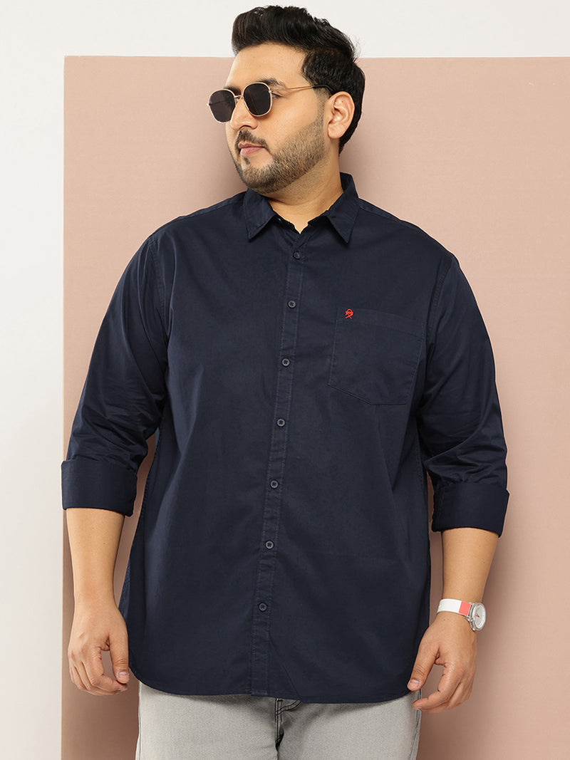 Thomas Scott Men Navy Plus Size Regular Fit Long Sleeves Spread Collar Solid 100% Cotton Casual Shirt