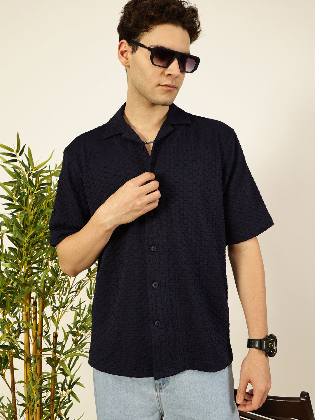 Thomas Scott Men Navy Relaxed Fit Short Sleeves Cuban Collar Textured Cotton Casual Shirt