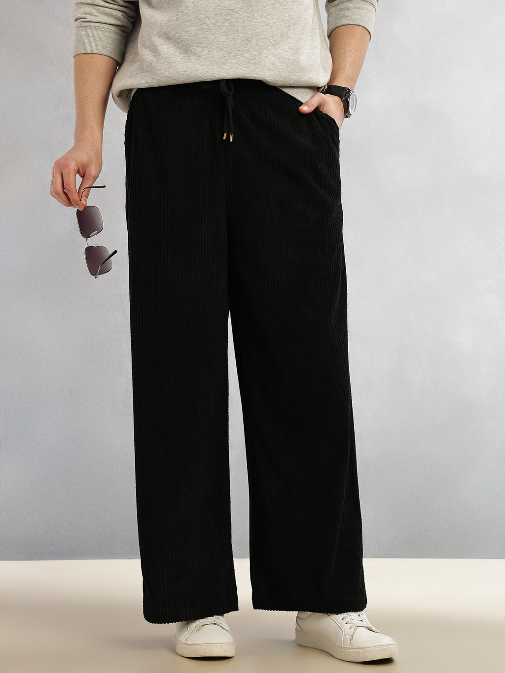 Thomas Scott Men Black Cricket Club Collection Regular Fit Textured Corduroy Trousers