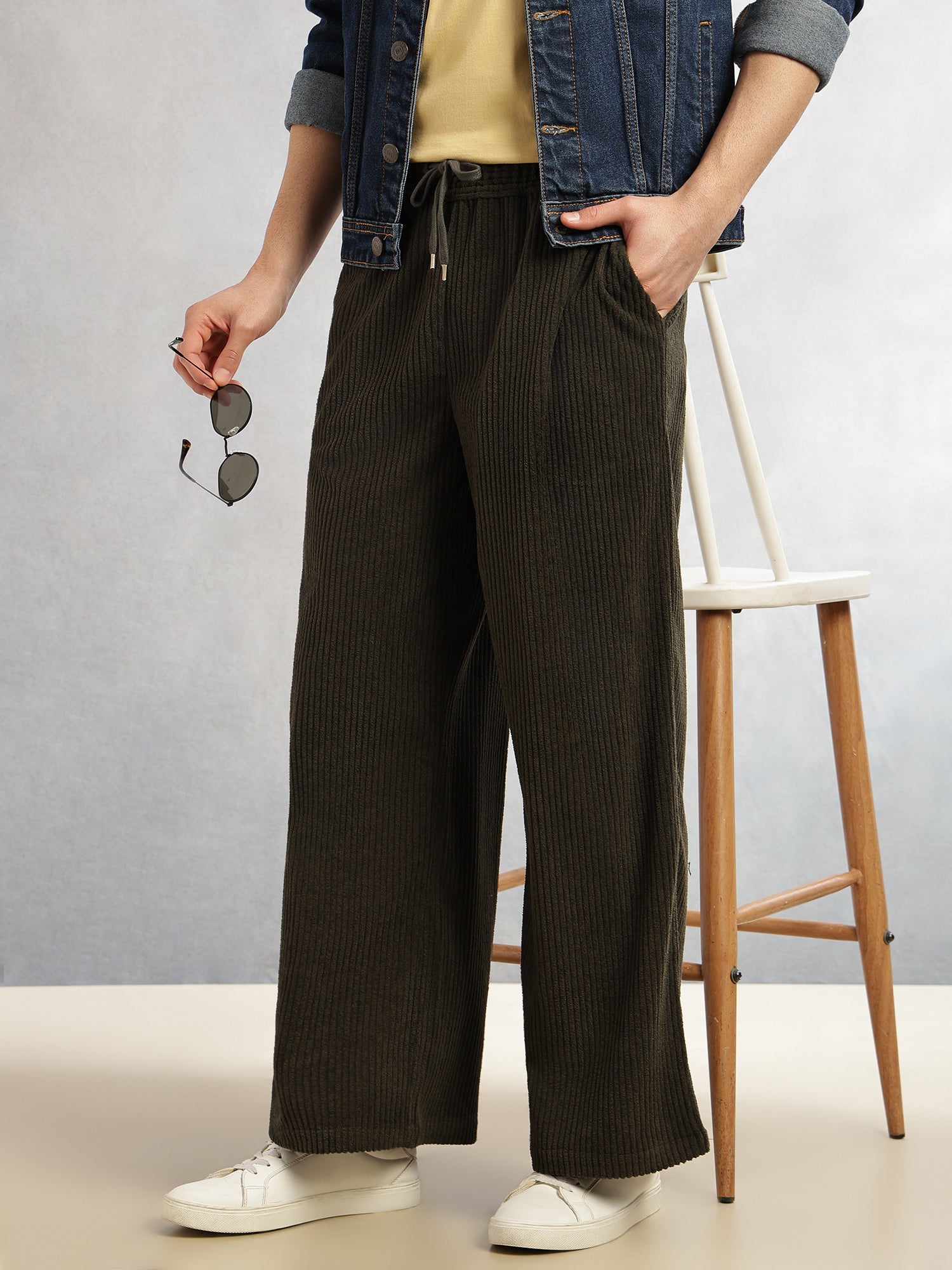 Thomas Scott Men Olive Cricket Club Collection Regular Fit Textured Corduroy Trousers