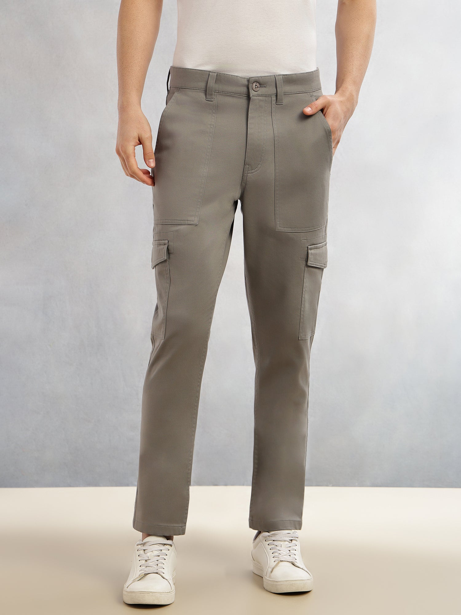 Thomas Scott Men Grey Cricket Club Collection Relaxed Fit Cotton Solid Woven Cargo Trouser