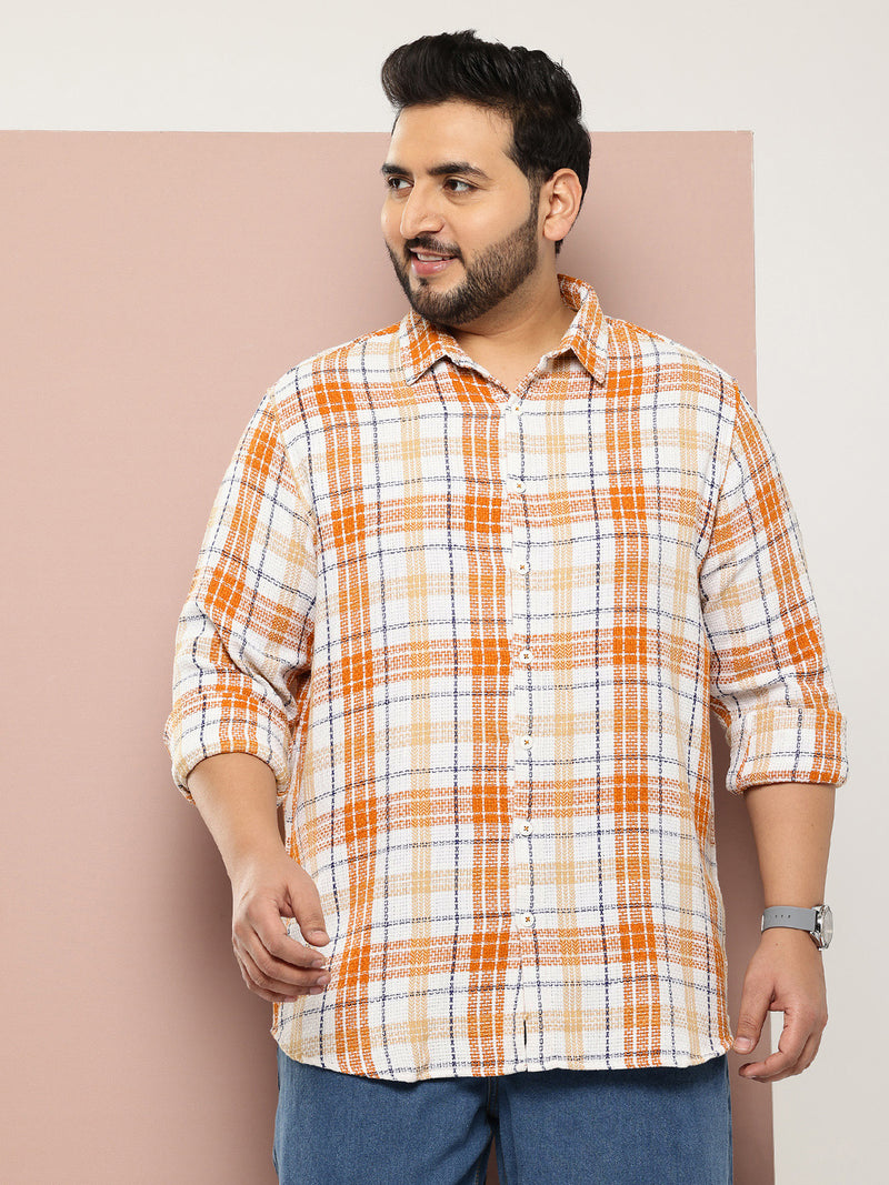 Thomas Scott Men Orange Plus Size Regular Fit Long Sleeves Spread Collar Multi Stripes 100% Cotton Casual Shirt