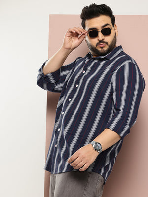 Navy Plus Size Regular Fit Long Sleeves Spread Collar Verticle Stripes 100% Cotton Casual Shirt For Men