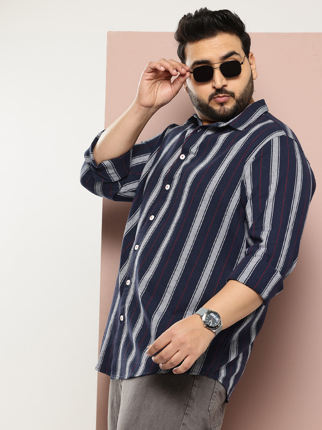 Thomas Scott Men Navy Plus Size Regular Fit Long Sleeves Spread Collar Verticle Stripes 100% Cotton Casual Shirt