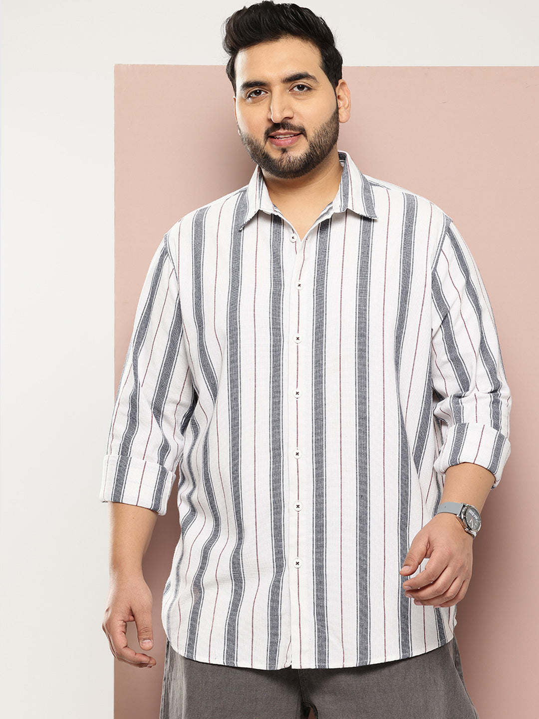Thomas Scott Men White Plus Size Regular Fit Long Sleeves Spread Collar Multi Striped 100% Cotton Casual Shirt