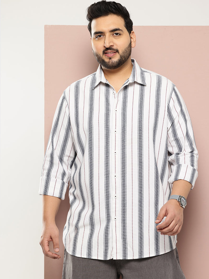 Thomas Scott Men White Plus Size Regular Fit Long Sleeves Spread Collar Multi Striped 100% Cotton Casual Shirt