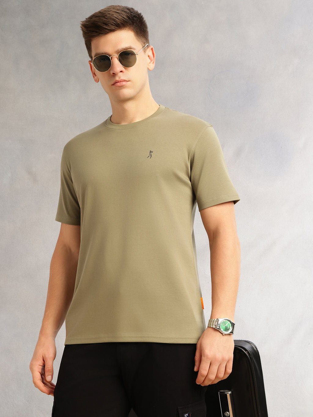 Thomas Scott Men Olive Cricket Club Collection Regular Fit Short Sleeves Round Neck Solid 100% Cotton Knitted Tshirt