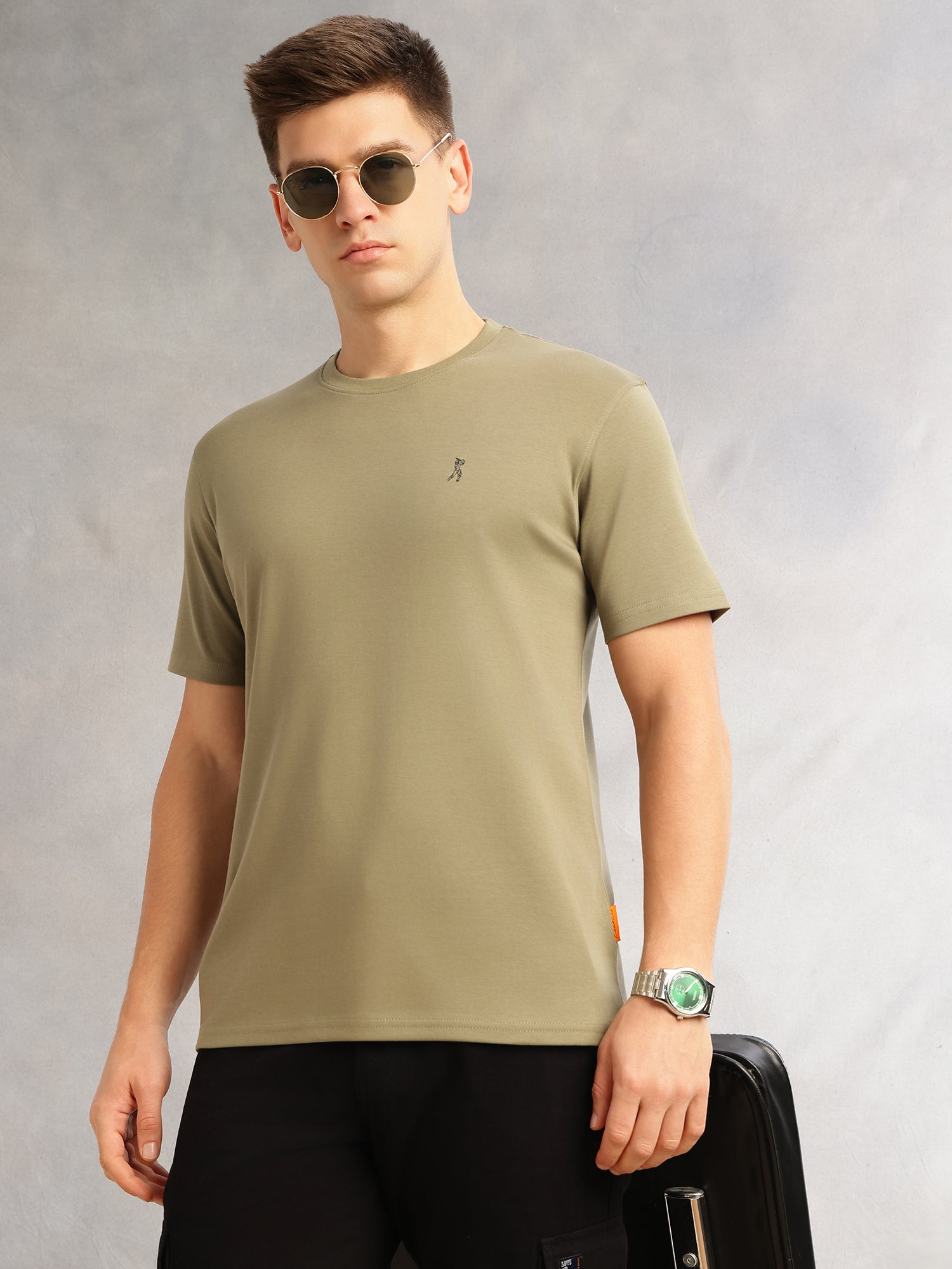 Thomas Scott Men Olive Cricket Club Collection Regular Fit Short Sleeves Round Neck Solid 100% Cotton Knitted Tshirt